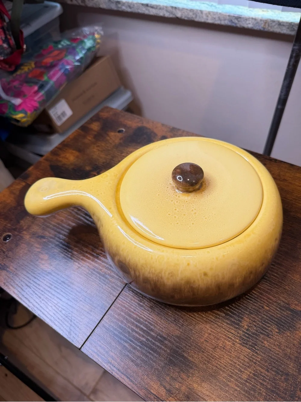 Hull Pottery yellow and brown drip glaze handled casserole dish 10.5 inch